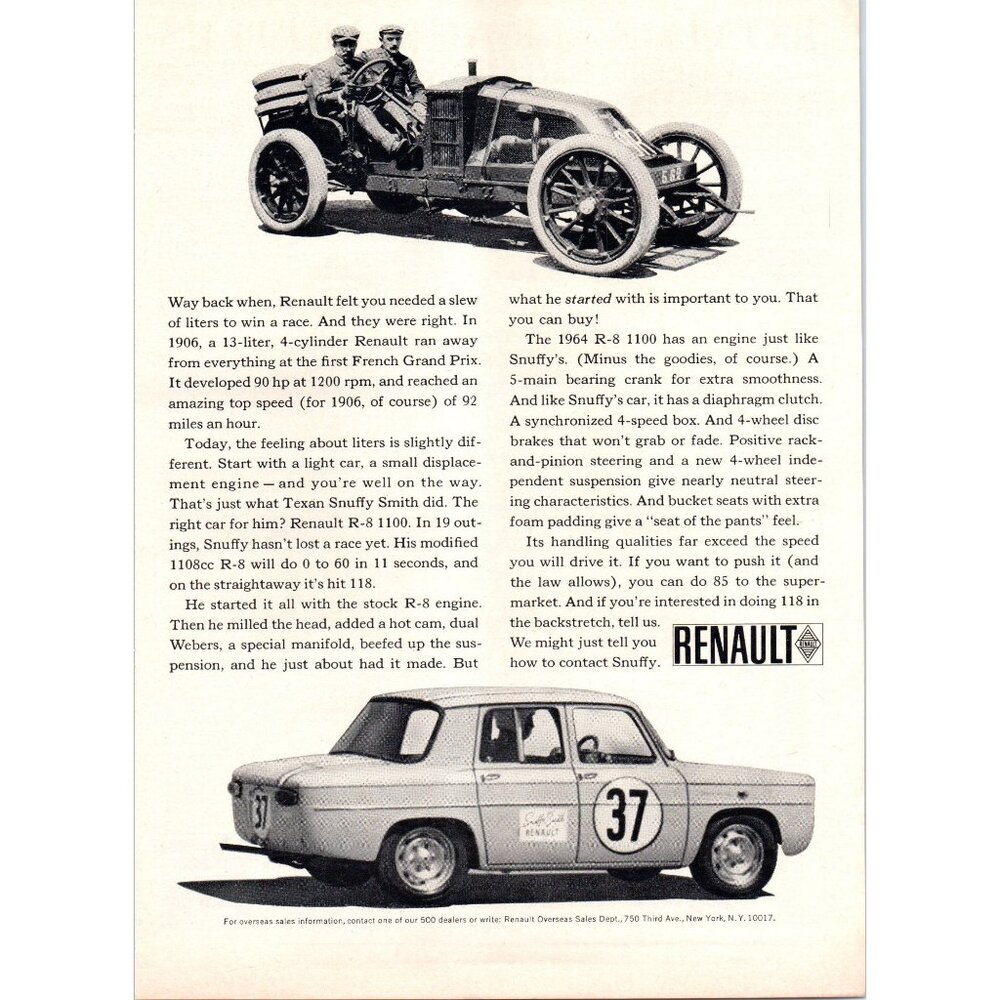 1964 Renault R-8 1100 Sedan Vintage Print Ad French Grand Prix 60s Wall Art